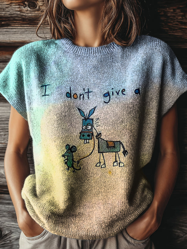 Women's I Don’t Give A Funny Donkey Letter Art Print Casual Crew Neck Short Sleeve Knitted Sweater