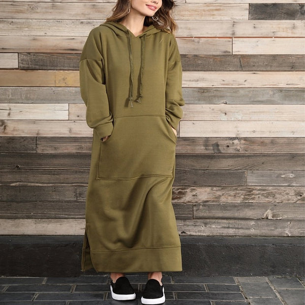 Autumn Winter New Loose Velvet Casual Fashion Big Pocket Knitted Hooded Maxi Dress