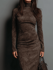 High Neck Long Sleeve Suede Midi Dress