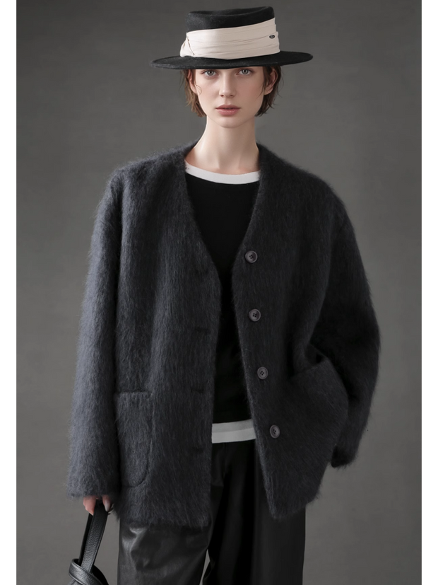 V-Neck Wool Coat for Women – Double-Faced Cashmere Blend Brushed Short Jacket, Elegant Autumn Winter Outerwear