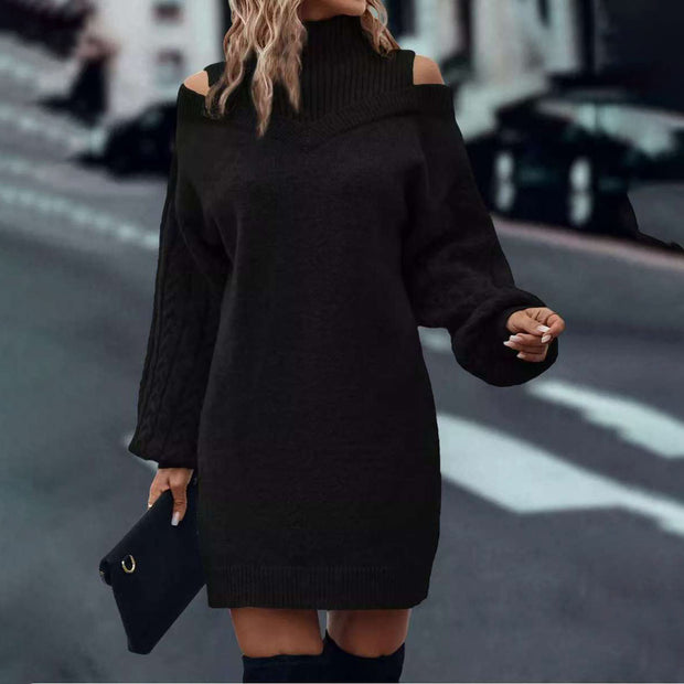 Half Turtleneck Off-the-shoulder Long Sleeve Knitted Dress