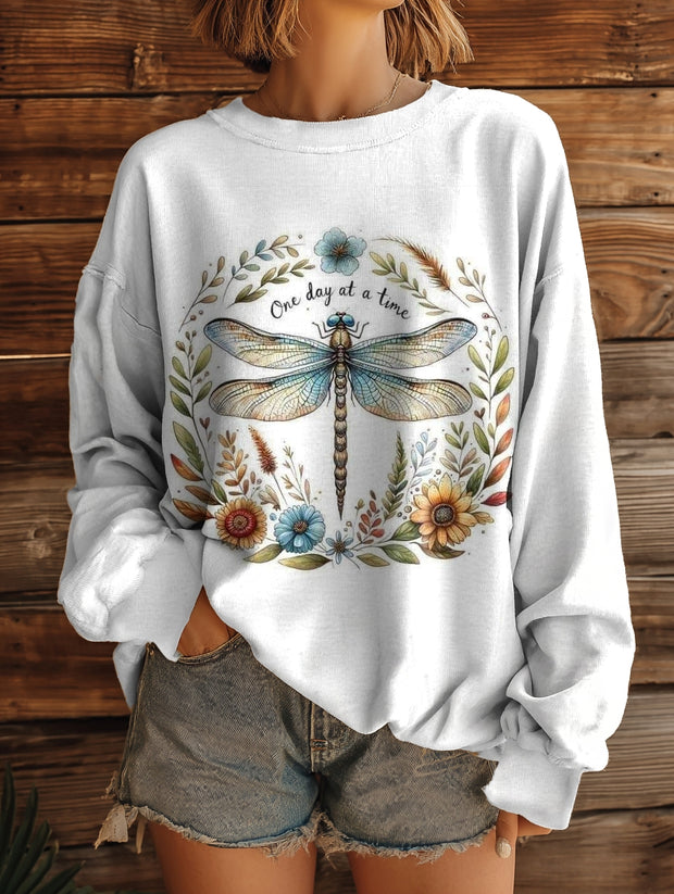 Women's Dragonfly Floral Embellished Pattern Art Print Casual Crew Neck Sweatshirt