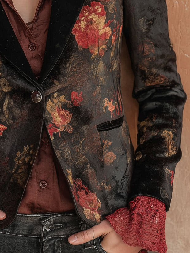 Retro Suede Print Splicing Blazer