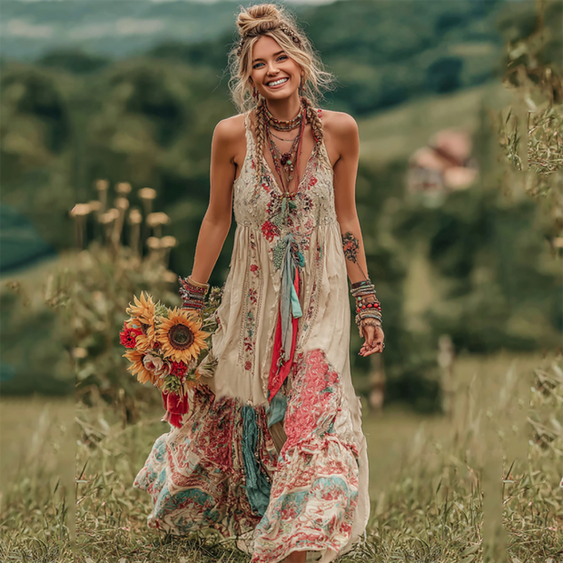 Women's Boho Floral Art Comfy Sleeveless Maxi Dress