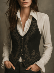 Boho Black Embroidered Velvet Waistcoat