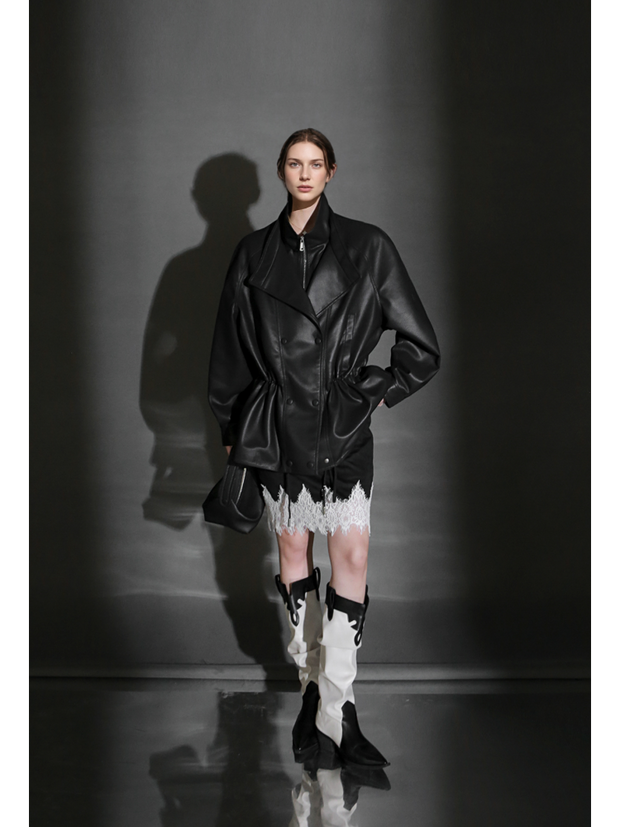 Double-Layer Collar Lambskin Leather Jacket – Chic and Bold Women’s Premium Leather Outerwear, Unique Design