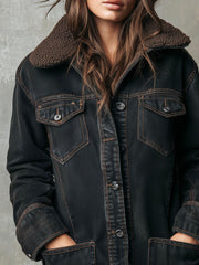 Vintage Sherpa-Lined Denim Long Jacket With Pockets