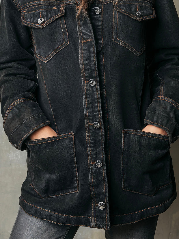 Vintage Sherpa-Lined Denim Long Jacket With Pockets