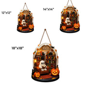Sophia's Reading Nook With Ghost, Pumpkins, And Books - Personalized Custom Shaped Wood Sign