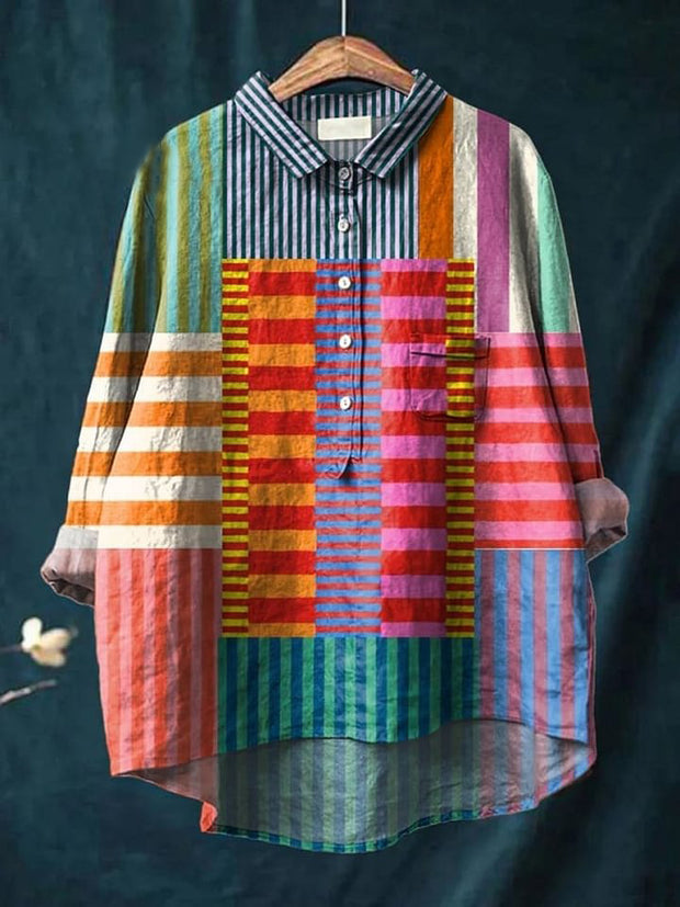 Women's Geometric Line Pattern Art Print Casual Cotton And Linen 3/4 Sleeve Shirt