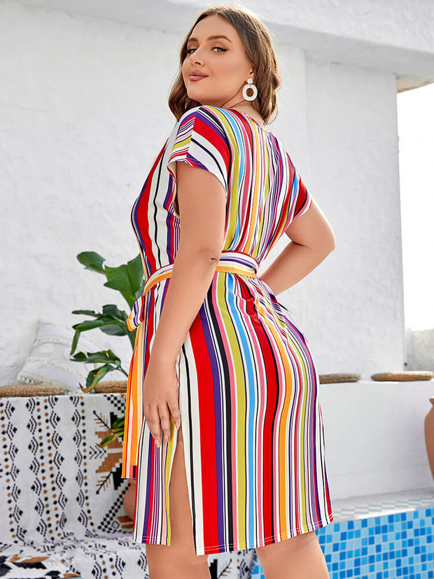 Plus Colorblock Striped Tie Dolman Sleeve Midi Dress