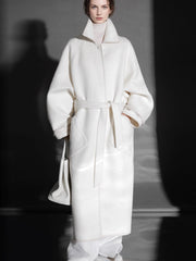 Chain Pattern Wool Coat for Women – Double-Faced Alpaca Wool Overcoat with Leather Trim, Chic Oversized Silhouette Winter Outerwear