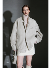 Women’s Vintage Waxed Sheepskin Leather Jacket – Distressed Blazer Collar Trendy Moto Outerwear