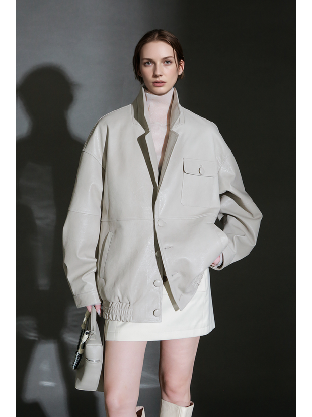 Women’s Vintage Waxed Sheepskin Leather Jacket – Distressed Blazer Collar Trendy Moto Outerwear