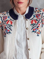 Floral Yoke Embroidery White Knit Cardigan With Navy Collar