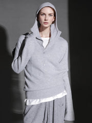 Henry Neck Half-Placket Wool Knit Hoodie – Vintage Relaxed Pullover Sweater for Women, Elegant Commuter Style