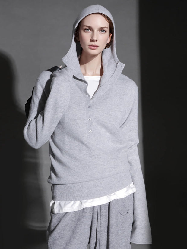 Henry Neck Half-Placket Wool Knit Hoodie – Vintage Relaxed Pullover Sweater for Women, Elegant Commuter Style