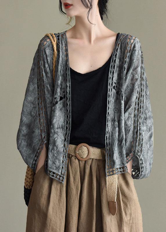 Modern Khaki Jacquard Hollow Out Cotton Short Cardigans