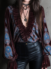 Boho Paisley Print Velvet Puff Sleeve Blouse