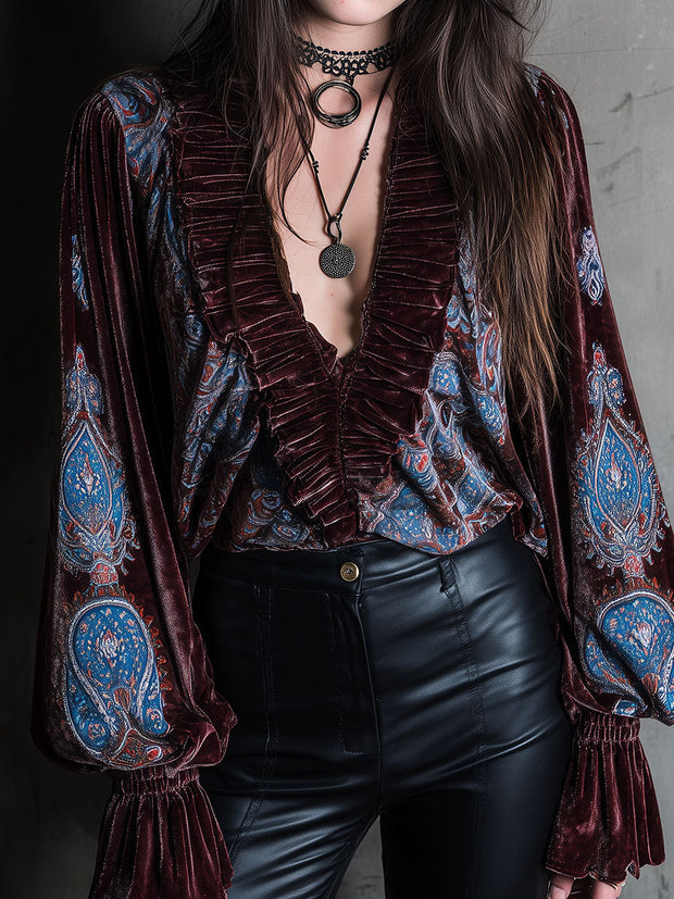 Boho Paisley Print Velvet Puff Sleeve Blouse