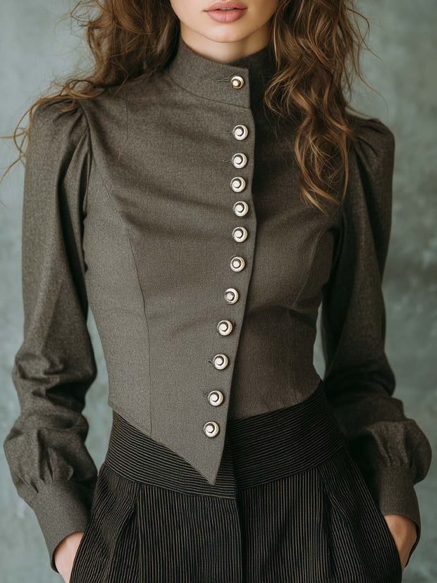 Vintage Military Style Stand Collar Blouse