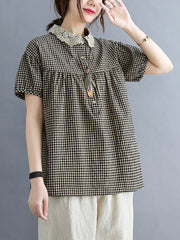 Cotton Blend Plaid Polo Puff Sleeve T-Shirts Tops