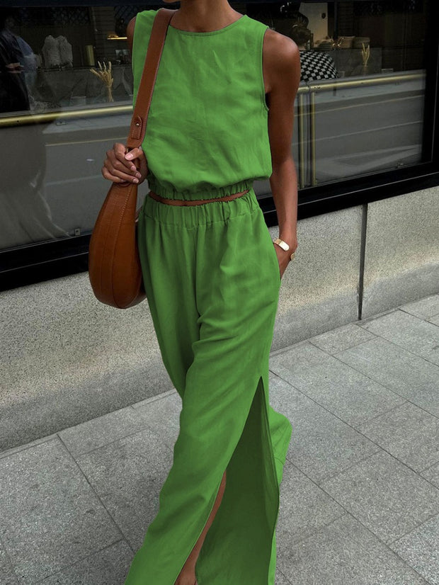 Casual Solid Color Sleeveless Top and Wide Leg Pants Set