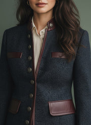 Navy Tweed Military-Style Jacket with Faux Leather Trim