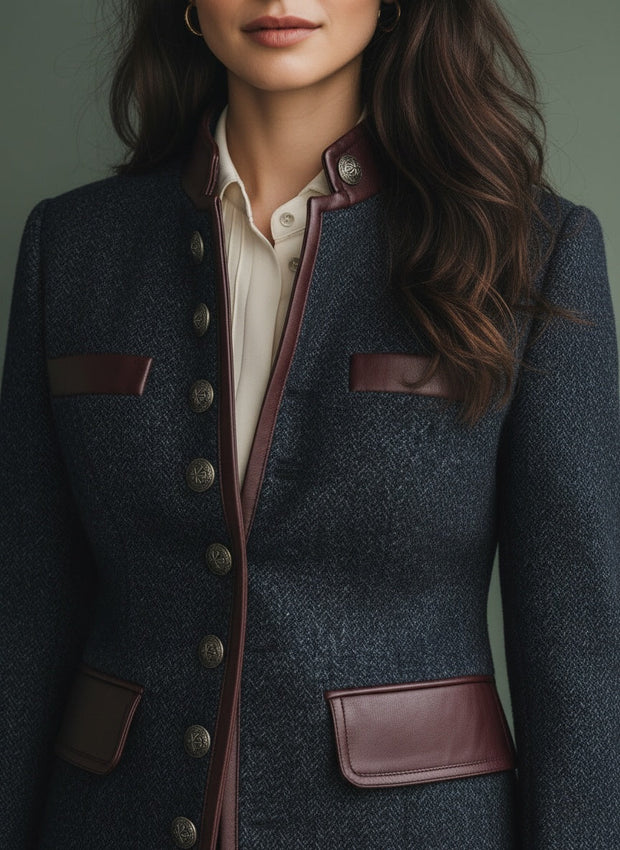 Navy Tweed Military-Style Jacket with Faux Leather Trim