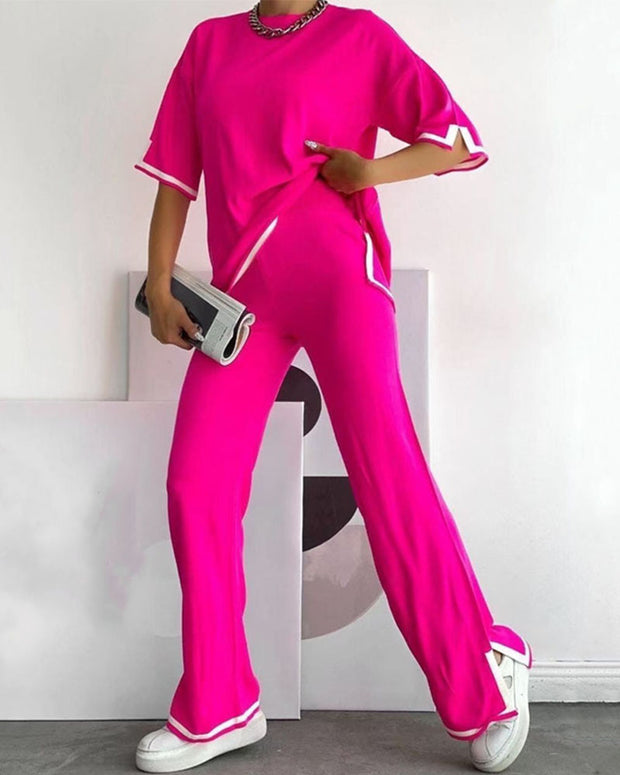 Contrast color slit sweater + wide-leg trousers two-piece set