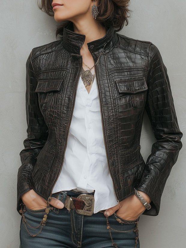 Classic Stand Collar Crocodile Leather Jacket