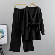 V-neck knitted cardigan jacket wide-leg pants two-piece set