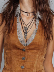 Vintage Crocodile Texture Caramel Eco-suede Slim Fit Vest