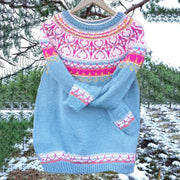 Unisex Vintage Icelandic Light Blue Knit Jacquard Warmth Crew Neck Sweater