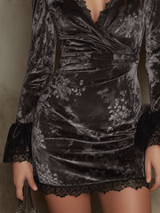 Velvet Wrap Lace Trim Mini Dress