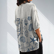 Conch Shell Round Collar Button-Up Loose T-Shirt