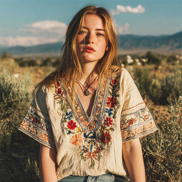 Western Vintage Boho Floral Embroidery Women's Linen V-neck T-shirt