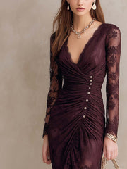 Retro Drapped Waist Lace Midi Dress