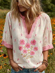 Women's Breast Cancer Awareness Daisy Flower Small V Neck Shirt