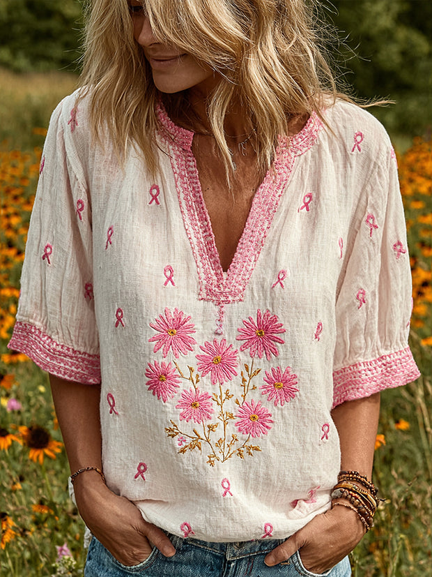 Women's Breast Cancer Awareness Daisy Flower Small V Neck Shirt