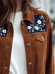 Rust Suede Cropped Jacket With Navy Floral Embroidered Yoke