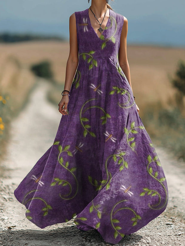 Women's Floral Dragonfly Art Print Sleeveless Cotton Pocket Dress