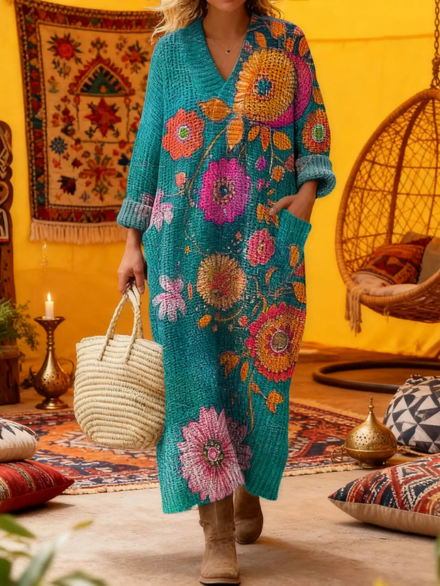 Women's Retro Folk Floral Art Print V-Neck Knitted Pocket Dress