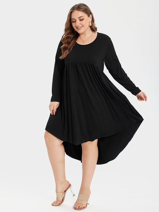 Round Neck Pocket Ruched High Low Midi Dress