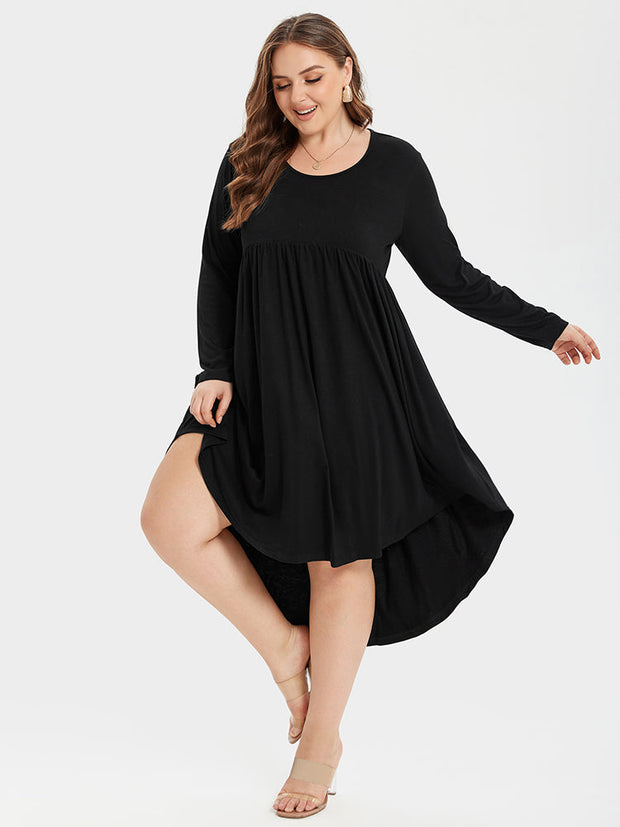 Round Neck Pocket Ruched High Low Midi Dress