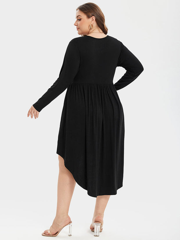 Round Neck Pocket Ruched High Low Midi Dress