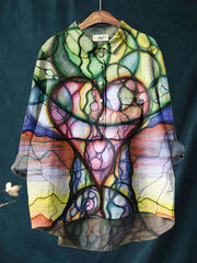 Women's Colorblock Abstract Print Casual Cotton And Linen Shirt