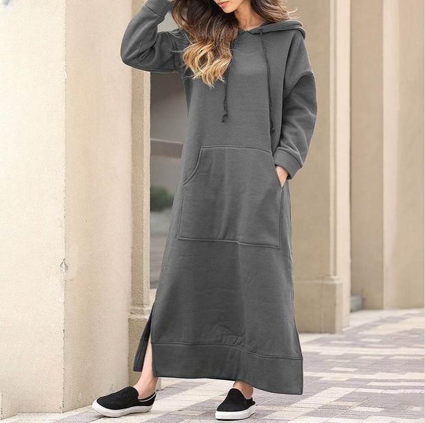 Autumn Winter New Loose Velvet Casual Fashion Big Pocket Knitted Hooded Maxi Dress