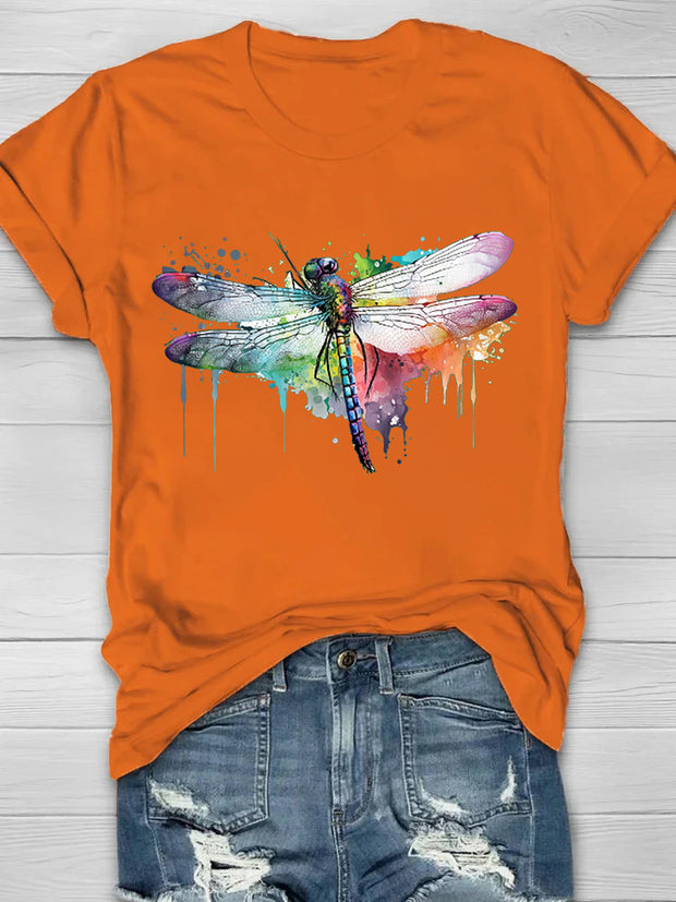 Watercolor Dragonfly Printed Women's T-shirt