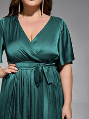 Plus Green Ruffle Sleeve Elastic Waist Midi Dress